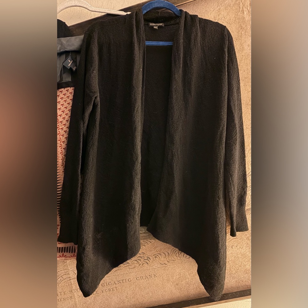 Eileen Fisher Black Open Front Cardigan Crepe Stretch Wool Classic SZ Medium